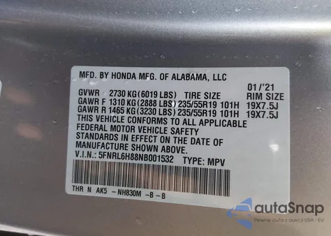 2022 Honda Odyssey Touring from USA, damaged, VIN 5FNRL6H88NB001532
